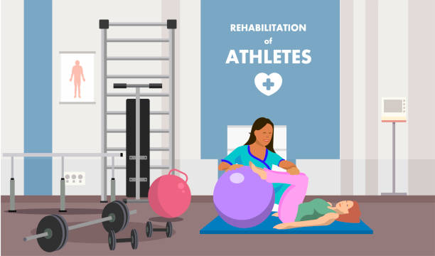 Rehabilitation in Physiotherapeutic Gym Class Ads Rehabilitation in Physiotherapeutic Gym Class Ads. Flat Banner Advertises with Physical Muscles Recovery after Injury. Female Athlete Trains on Fitball with Medical Specialist. Vector Illustration sports medicine stock illustrations