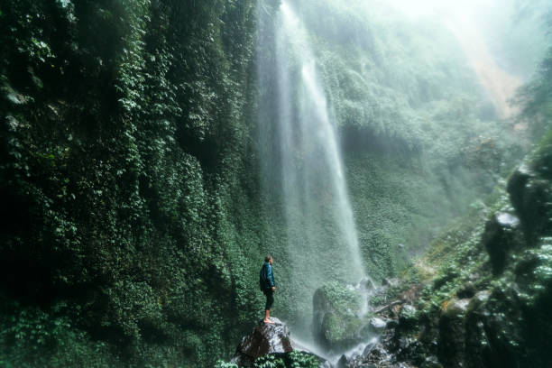 Man standing on rock under the Madakaripura waterfall, Java, Indonesia