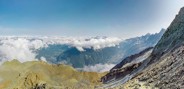 Alps panoramic view from Gouter route at 3600 meters in Chamonix, France. at Mont Blanc expedition