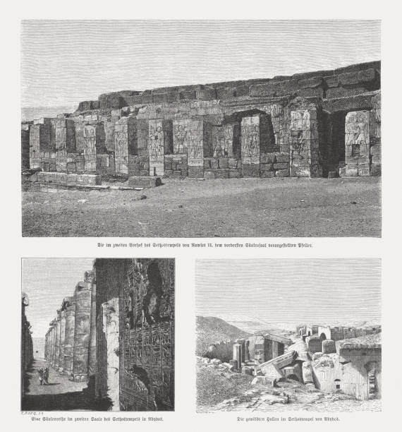 Temples of Abydos, Sohag, Egypt, wood engravings, published in 1879 Historical views from the 19th century of the Temples of Abydos, Sohag, Egypt, before the reconstruction. Wood engravings, published in 1879. abydos stock illustrations