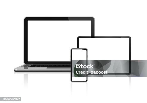 istock Laptop, tablet and phone set mockup isolated on white. 3D render 1158795969