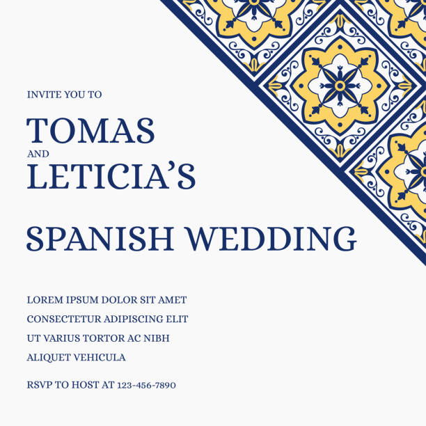 ilustrações de stock, clip art, desenhos animados e ícones de traditional wedding invite card template vector. ethnic tile pattern with white, blue and yellow background. sicily save the date design or summer invitation party. - greeting card wedding flower anniversary card