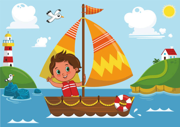 ilustrações, clipart, desenhos animados e ícones de aventura de vela do menino. - child student seagull sailboat