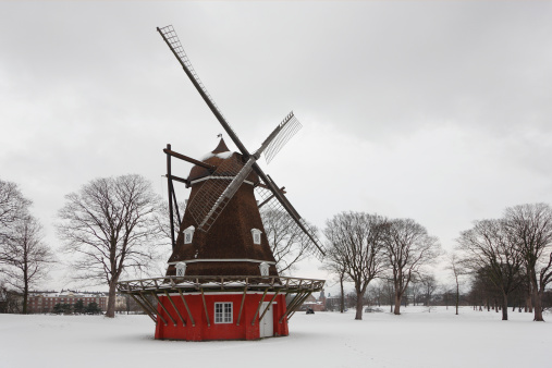 Panoramic view of historic traditional Sint Janshuismolen windmill post mill in Bruges West Flanders Flemish Region Belgium