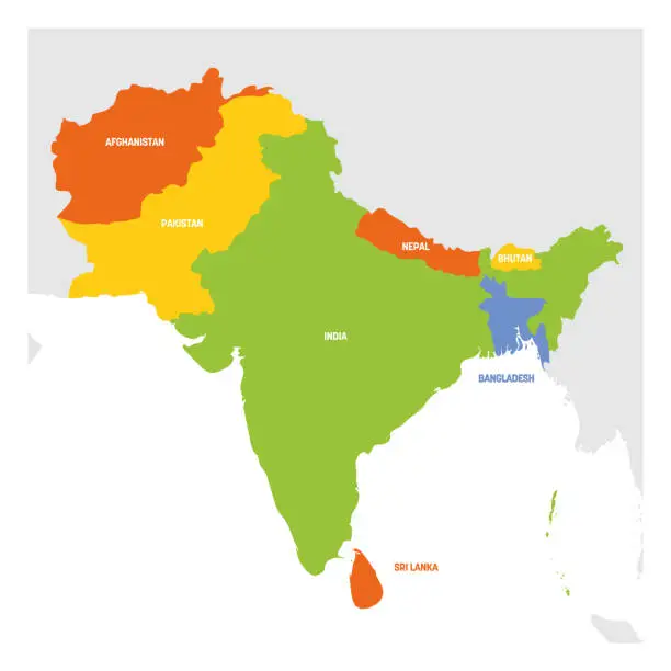 Vector illustration of South Asia Region. Map of countries in southern Asia. Vector illustration