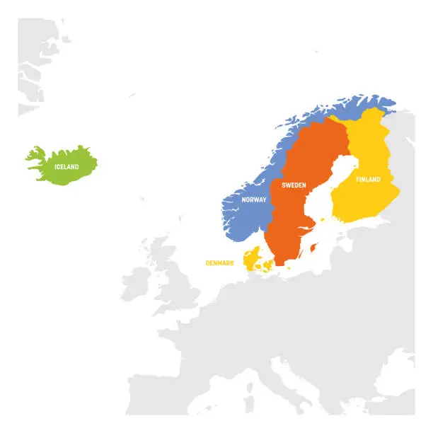 Vector illustration of North Europe Region. Map of countries of Scandinavia. Vector illustration