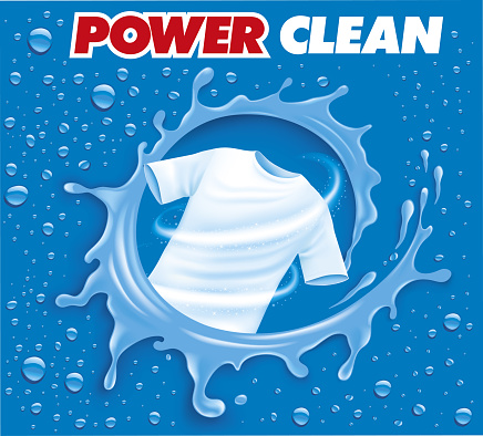 Laundry detergent ad poster. Stain remover package design for advertising with soap bubbles and closeup fiber structure. Washing detergent banner with clean shirt