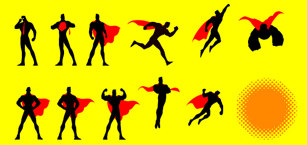 A set of vector illustrations of a superhero in many different poses. Isolated in yellow color, easy to grab and edit.
