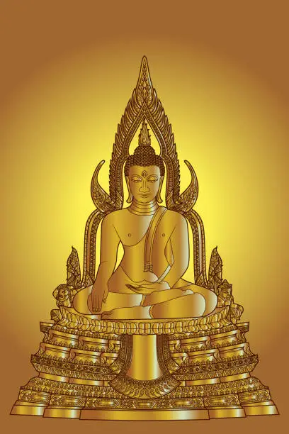 Vector illustration of Line art golden color Buddha statue from Thailand