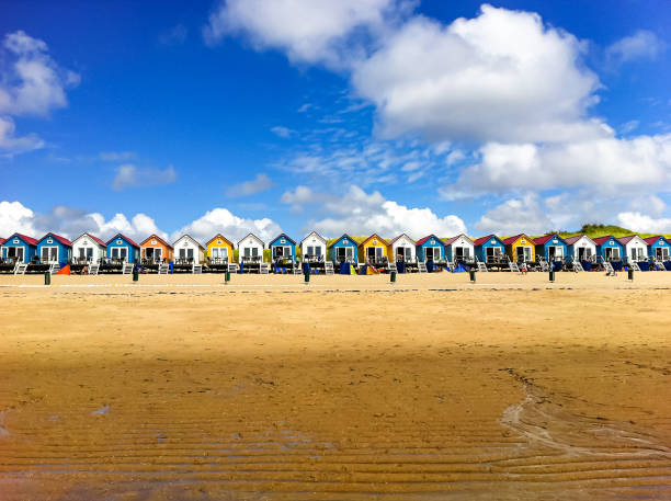 beach huts, beach houses in vlissingen, netherlands - zeeland imagens e fotografias de stock