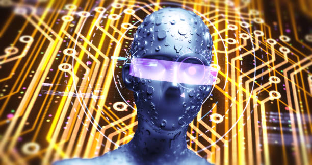 istock Advanced AI Robot Reads Data From Futuristic Hud - 3D Illustration Render 1158817936