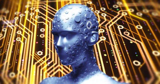 istock Advanced AI Robot Reads Data From Futuristic Hud - 3D Illustration Render 1158818453