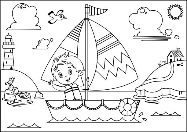 Boy’s Sailing Adventure. Black and white vector illustration of a boy’s sailing adventure. lighthouse drawings stock illustrations