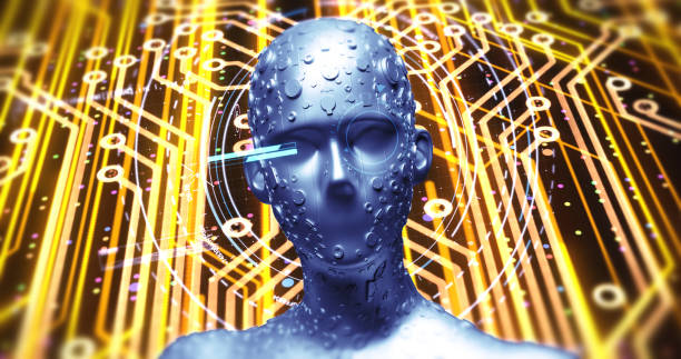 istock Advanced AI Robot Reads Data From Futuristic Hud - 3D Illustration Render 1158819863