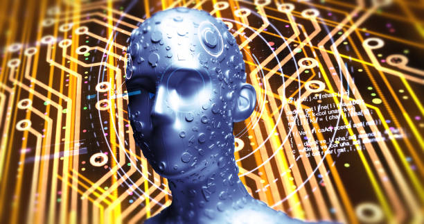 istock Advanced AI Robot Reads Data From Futuristic Hud - 3D Illustration Render 1158820010
