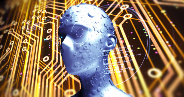 istock Advanced AI Robot Reads Data From Futuristic Hud - 3D Illustration Render 1158821062