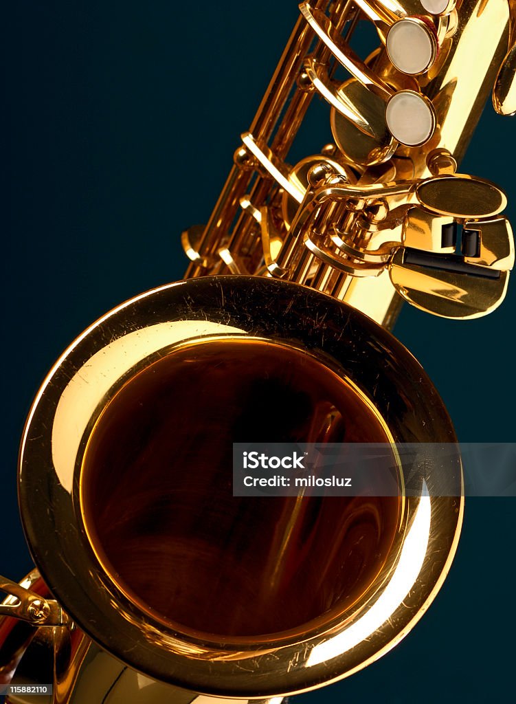 Close up of horn on a brass saxophone saxophone Arts Culture and Entertainment Stock Photo