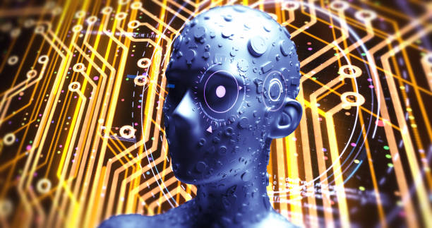 istock Advanced AI Robot Reads Data From Futuristic Hud - 3D Illustration Render 1158821124