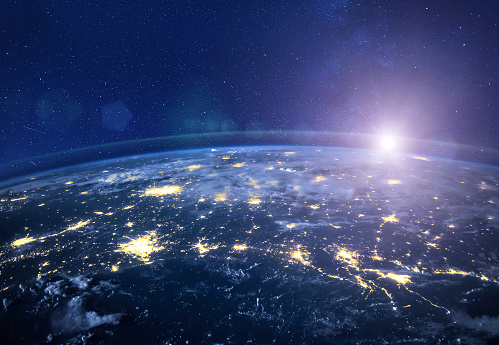 night view of planet Earth from space, beautiful high tech  background with sun and stars, closeup, original image furnished by NASA - https://images-assets.nasa.gov/image/iss040e090540/iss040e090540%7eorig.jpg