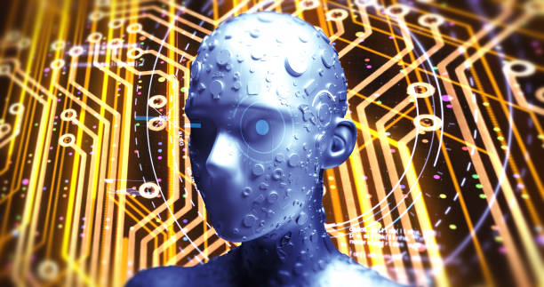 istock Advanced AI Robot Reads Data From Futuristic Hud - 3D Illustration Render 1158821670