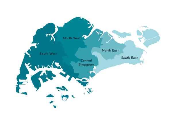 ilustraciones, imágenes clip art, dibujos animados e iconos de stock de ilustración aislada vectorial del mapa administrativo simplificado de singapur. bordes y nombres de las regiones. siluetas de colores azules caqui - southeastern region