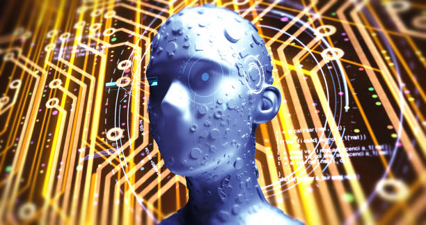 istock Advanced AI Robot Reads Data From Futuristic Hud - 3D Illustration Render 1158822333
