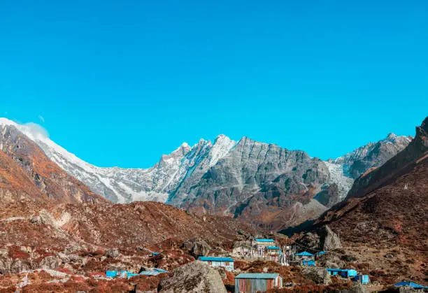 Beautiful landscape of the village Kyanjin Gompa with the Langtang Lirung glacier in the background