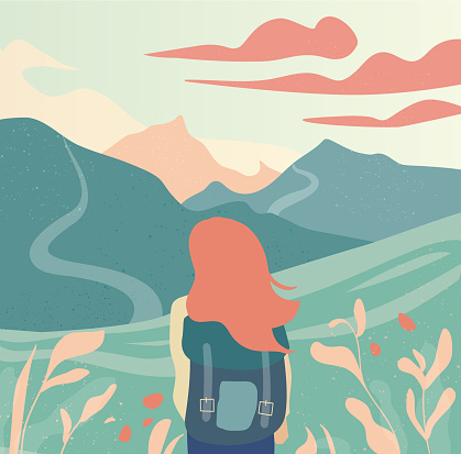 Girl and beautiful mountain landscape vector illustration. Journey vacation holiday outdoor concept. Travel, trip, adventure design