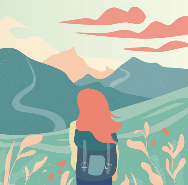 Girl and beautiful mountain landscape vector illustration. Girl and beautiful mountain landscape vector illustration. Journey vacation holiday outdoor concept. Travel, trip, adventure design one woman only illustrations stock illustrations