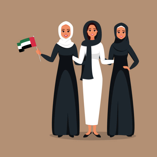 Group of young muslim businesswomen standing together at celebration Emirati Women's day Group of young muslim businesswomen standing together at celebration Emirati Women's day. Vector illustration in flat cartoon style national express stock illustrations