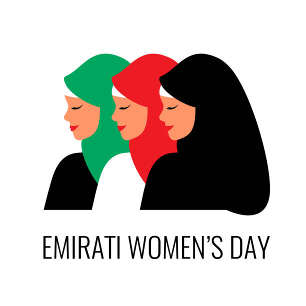 illustrazioni stock, clip art, cartoni animati e icone di tendenza di biglietto d'auguri per la giornata delle donne emiratine con giovani ragazze arabe che indossano hijab colorato. illustrazione vettoriale in stile piatto - united arab emirates flag united arab emirates flag interface icons