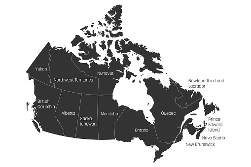 Map of Canada divided into 10 provinces and 3 territories. Administrative regions of Canada. Grey map with labels. Vector illustration.