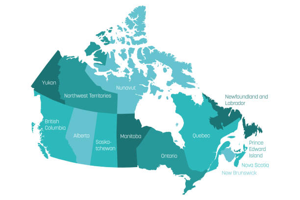 mapa kanady podzielona na 10 prowincji i 3 terytoria. regiony administracyjne kanady z etykietami. ilustracja wektorowa - canadian province stock illustrations