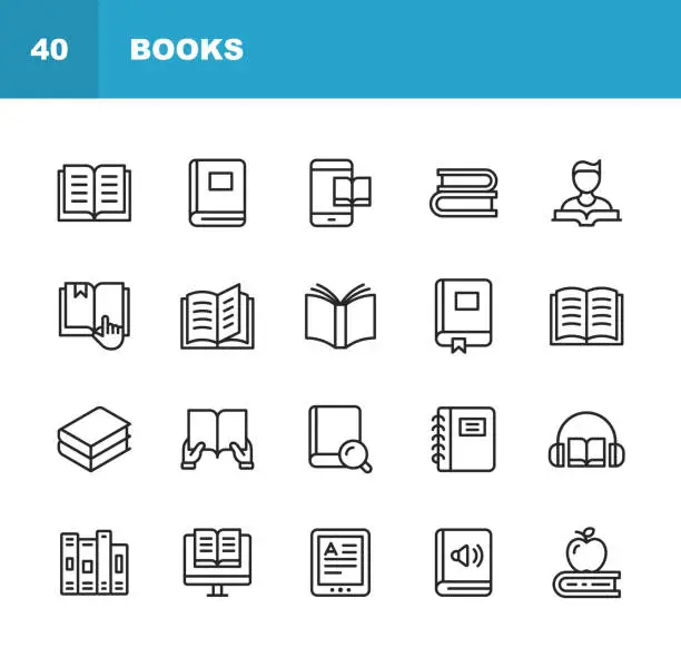 Vector illustration of Book Line Icons. Editable Stroke. Pixel Perfect. For Mobile and Web. Contains such icons as Book, Open Book, Notebook, Reading, Writing, E-Learning, Audiobook.