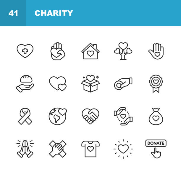 Charity and Donation Line Icons. Editable Stroke. Pixel Perfect. For Mobile and Web. Contains such icons as Charity, Donation, Giving, Food Donation, Teamwork, Relief. 20 Charity and Donation Outline Icons. conceptual symbol illustrations stock illustrations