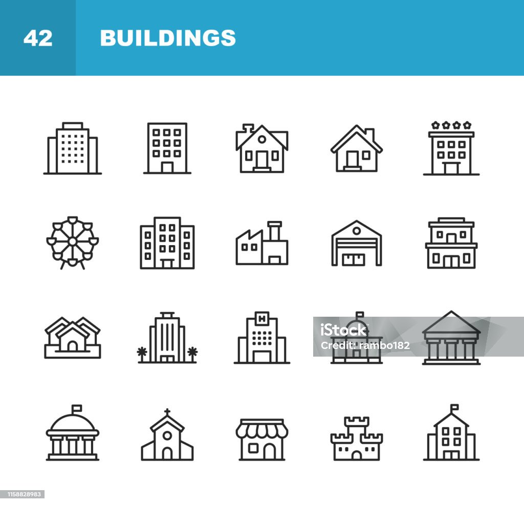 Building Line Icons. Editable Stroke. Pixel Perfect. For Mobile and Web. Contains such icons as Building, Architecture, Construction, Real Estate, House, Home, School, Hotel, Church, Castle. 20 Building Outline Icons. Icon stock vector