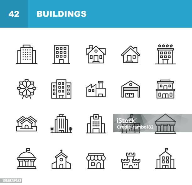 Building Line Icons Editable Stroke Pixel Perfect For Mobile And Web Contains Such Icons As Building Architecture Construction Real Estate House Home School Hotel Church Castle Stock Illustration - Download Image Now