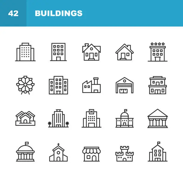 Vector illustration of Building Line Icons. Editable Stroke. Pixel Perfect. For Mobile and Web. Contains such icons as Building, Architecture, Construction, Real Estate, House, Home, School, Hotel, Church, Castle.