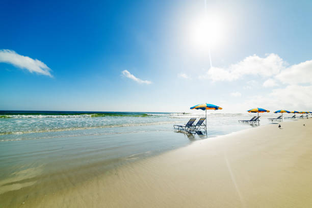 Beach chairs and parasols under a shining sun in Daytona Beach Beach chairs and parasols under a shining sun in Daytona Beach. Florida, USA daytona beach stock pictures, royalty-free photos & images