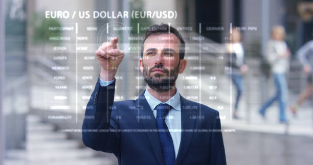 a businessman in a suit uses holography and augmented reality to see in 3d graphics financial economics. - digital display cyberspace security virtual reality simulator imagens e fotografias de stock