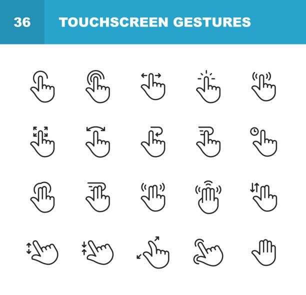 Touch Screen Gestures Line Icons. Editable Stroke. Pixel Perfect. For Mobile and Web. Contains such icons as Touchscreen, Gesture, Hand, Pinching, Zooming, Sliding, Tapping. 20 Touch Screen Gestures  Outline Icons. control point stock illustrations