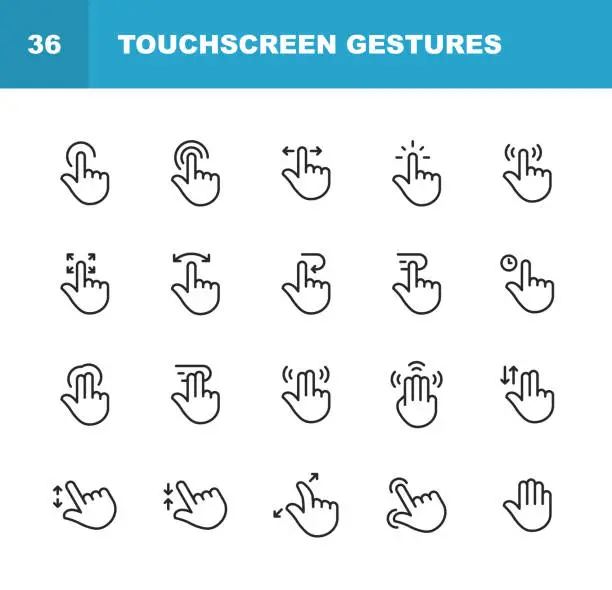 Vector illustration of Touch Screen Gestures Line Icons. Editable Stroke. Pixel Perfect. For Mobile and Web. Contains such icons as Touchscreen, Gesture, Hand, Pinching, Zooming, Sliding, Tapping.