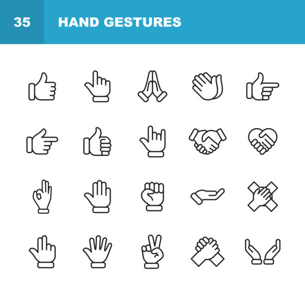 handgesten linie icons. bearbeitbarer strich. pixel perfekt. für mobile und web. enthält symbole wie geste, hand, nächstenliebe und hilfsarbeit, finger, gruß, handshake, eine helfende hand, klatschen, teamarbeit. - daumen stock-grafiken, -clipart, -cartoons und -symbole