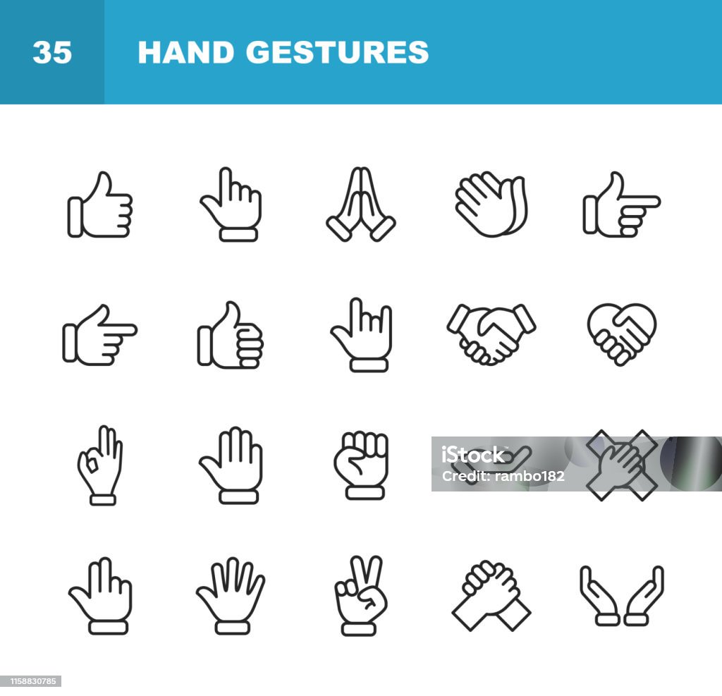 Iconos de línea de gestos de mano. Trazo editable. Píxel perfecto. Para móviles y web. Contiene iconos tales como Gesto, Mano, Caridad y Trabajo de Alivio, Dedo, Saludo, Apretón de Manos, Una Mano Ayuda, Aplausos, Trabajo en Equipo. - arte vectorial de Ícono libre de derechos