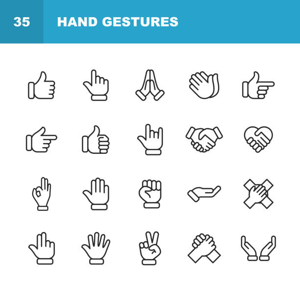 ilustrações, clipart, desenhos animados e ícones de ícones da linha dos gestos de mão. traçado editável. pixel perfeito. para mobile e web. contém ícones como gesto, mão, caridade e trabalho de alívio, dedo, saudação, aperto de mão, uma mãozinha, aplauso, trabalho em equipe. - hand sign human arm human hand holding