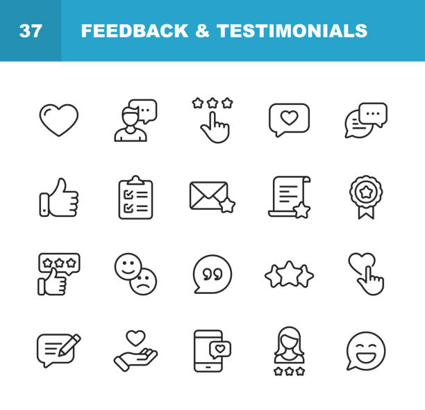 Feedback and Testimonials Line Icons. Editable Stroke. Pixel Perfect. For Mobile and Web. Contains such icons as Feedback, Testimonials, Survey, Review, Clipboard, Happy Face, Like Button, Thumbs Up, Badge. 20 Feedback and Testimonials  Outline Icons. happiness symbols stock illustrations