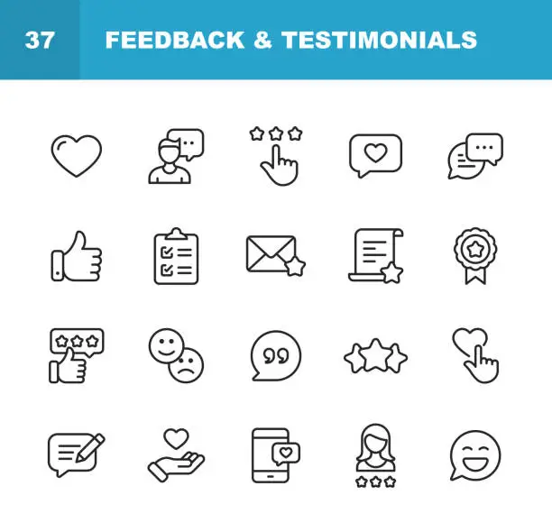 Vector illustration of Feedback and Testimonials Line Icons. Editable Stroke. Pixel Perfect. For Mobile and Web. Contains such icons as Feedback, Testimonials, Survey, Review, Clipboard, Happy Face, Like Button, Thumbs Up, Badge.