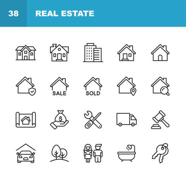 ilustrações de stock, clip art, desenhos animados e ícones de real estate line icons. editable stroke. pixel perfect. for mobile and web. contains such icons as building, family, keys, mortgage, construction, household, moving, renovation, blueprint, garage. - family insurance agent real estate financial advisor