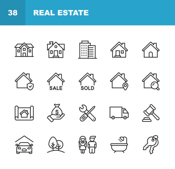 иконы линии недвижимости. редактируемый ход. пиксель совершенный. для мобильных устройств и интернета. содержит такие значки, как строител� - дом stock illustrations