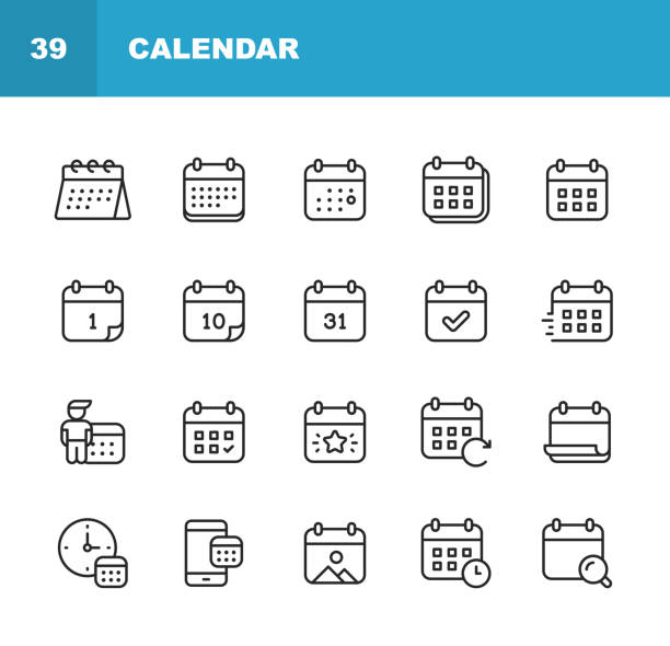 kalender-linien-symbole. bearbeitbarer strich. pixel perfekt. für mobile und web. enthält symbole wie kalender, termin, feiertag, uhr, zeit, deadline. - calendar date illustrations stock-grafiken, -clipart, -cartoons und -symbole